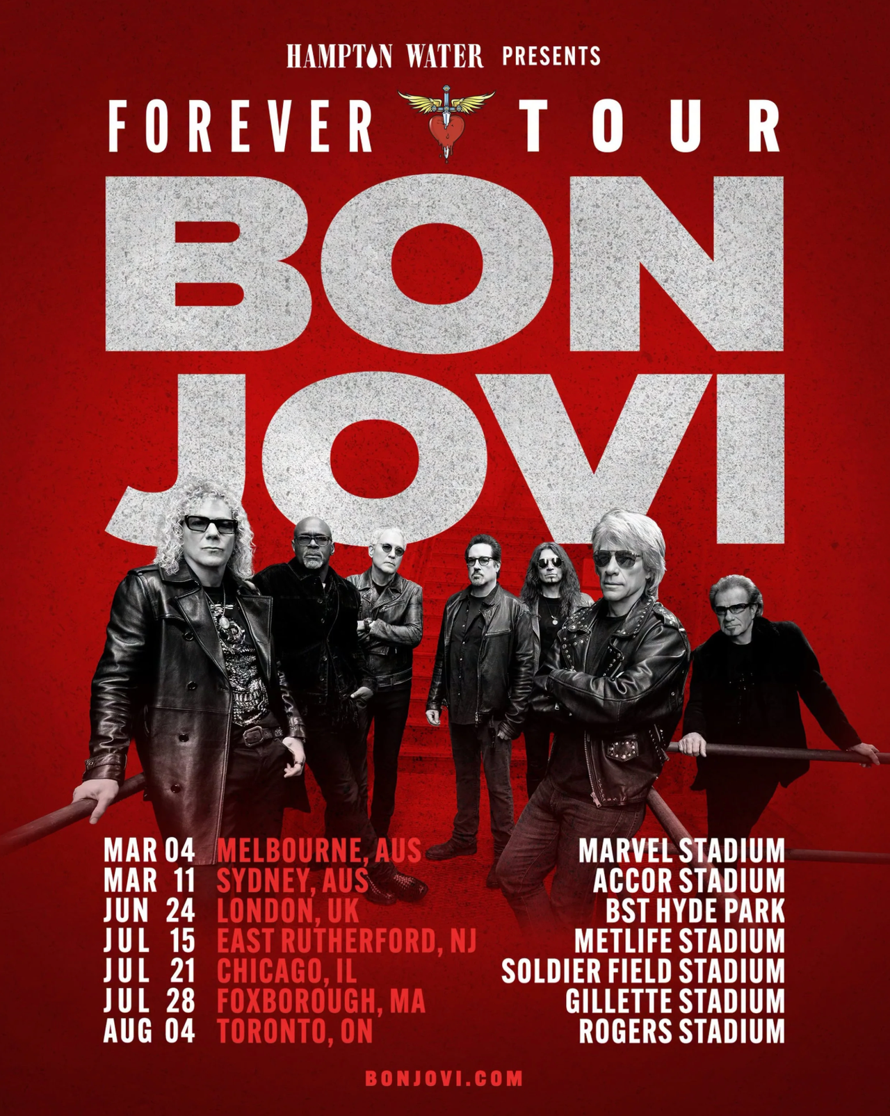 Bon Jovi Forever Tour poster featuring the rock band and international concert dates.